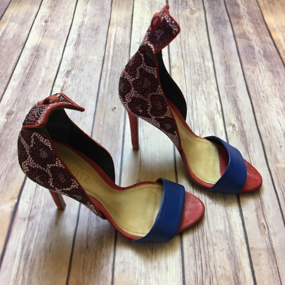 👻Shultz Red/Blue Leopard Suede Pumps Size 6